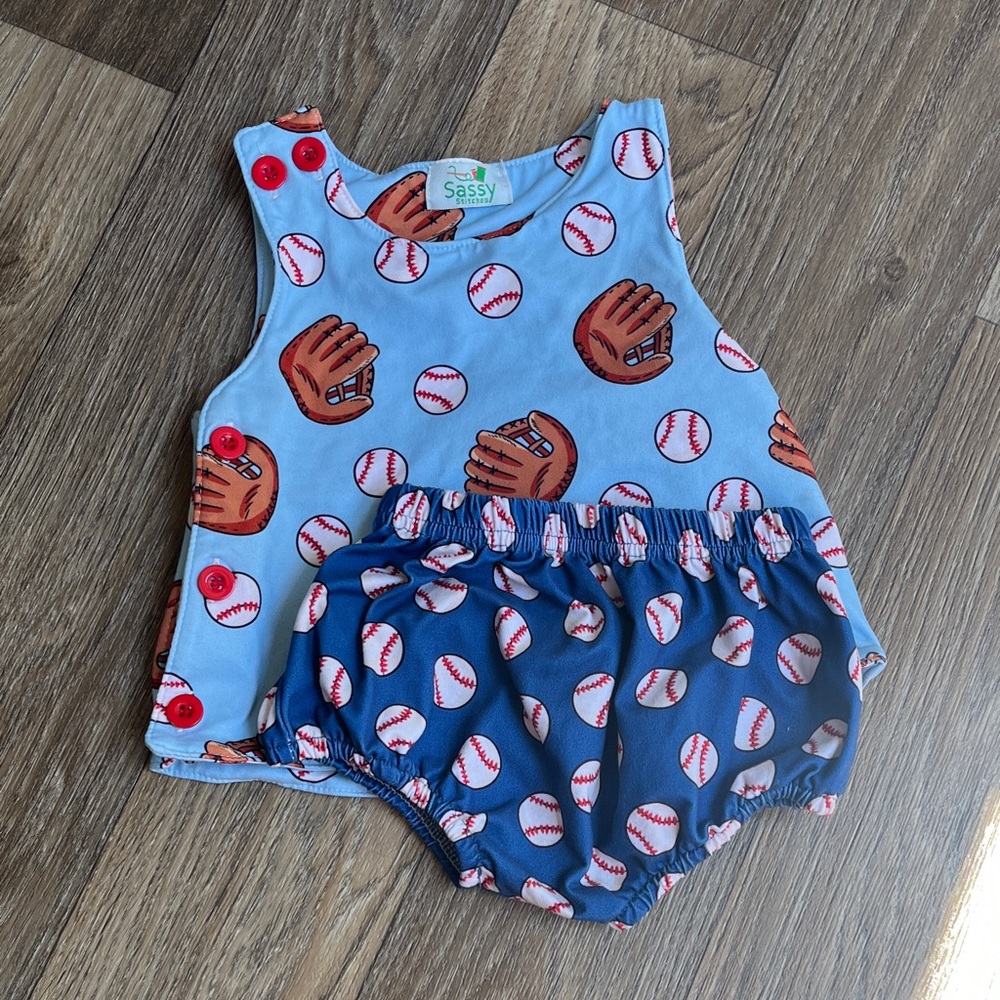 Sassy Stitches Light Blue Tank (12 months)& Navy Baseball Set(18 months)